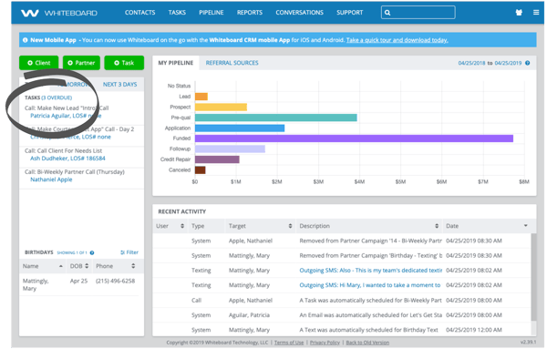 Whiteboard Mortgage CRM Features - Task Dashboard