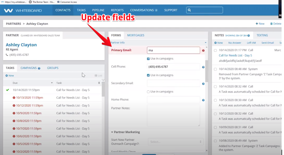 Screenshot taken from within the Whiteboard CRM software showing how to update the fields with a certain property in the mortgage CRM
