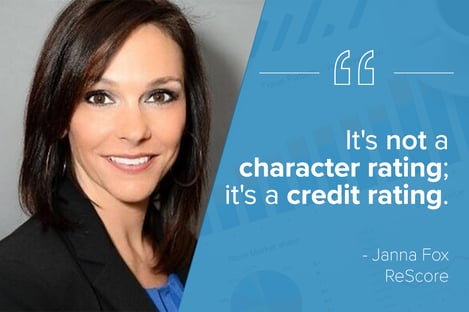 dark-haired woman with a blue graphic overlay with white letters that say "it's not a character rating it's a credit rating. 