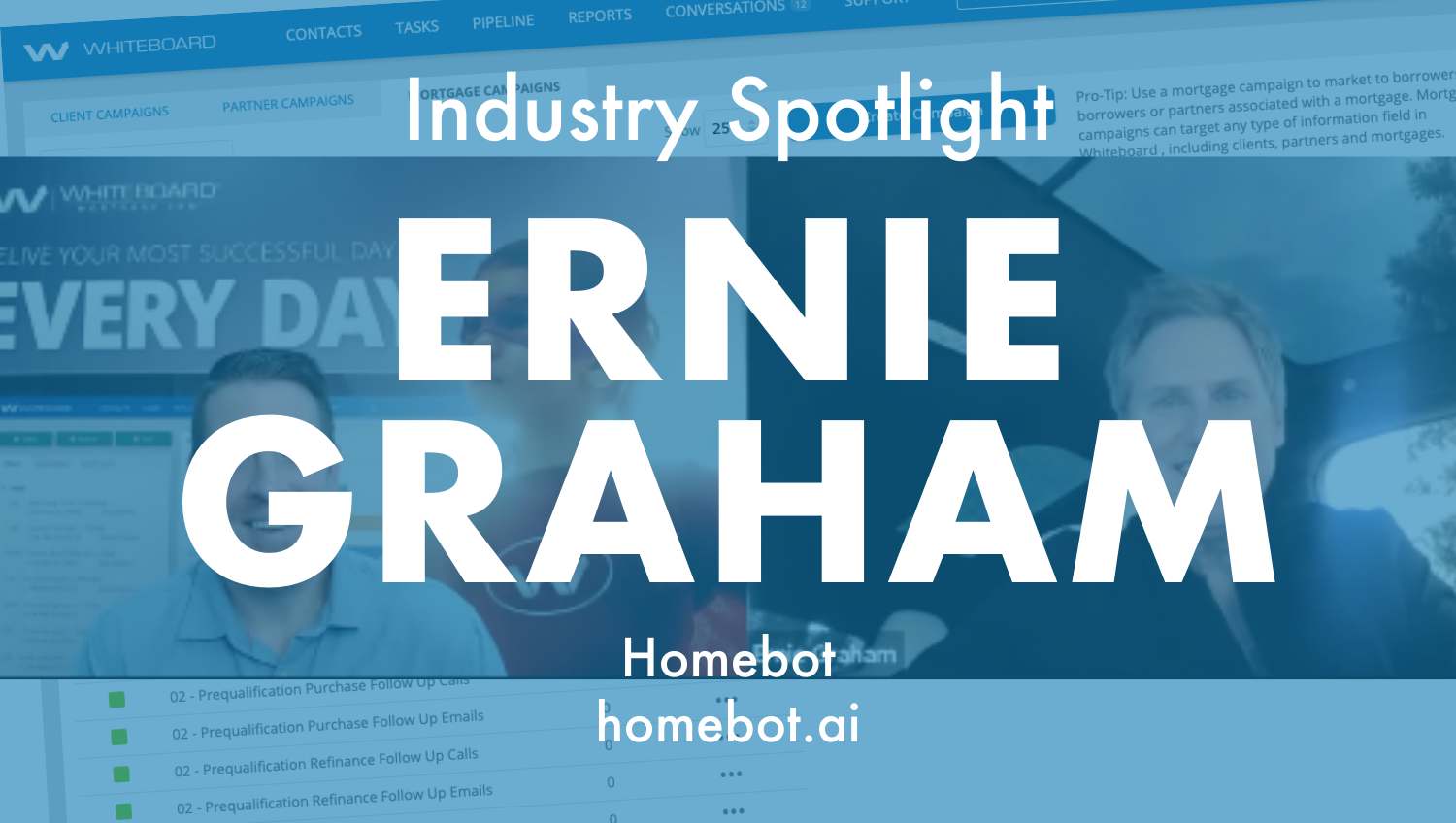 Blue overlay over photo of Kevin Ducey of Whiteboard CRM and Homebot Founder Ernie Graham with the words Industry Spotlight over the top