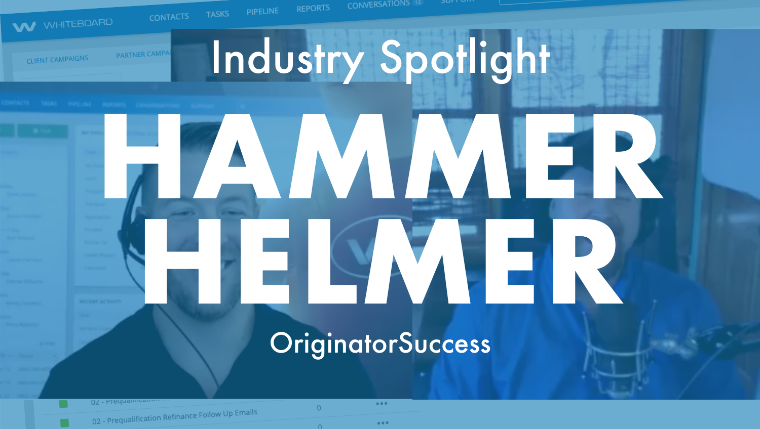 Blue overlay over a photo of Hammer Hemler talking with Kevin Ducey of Whiteboard CRM